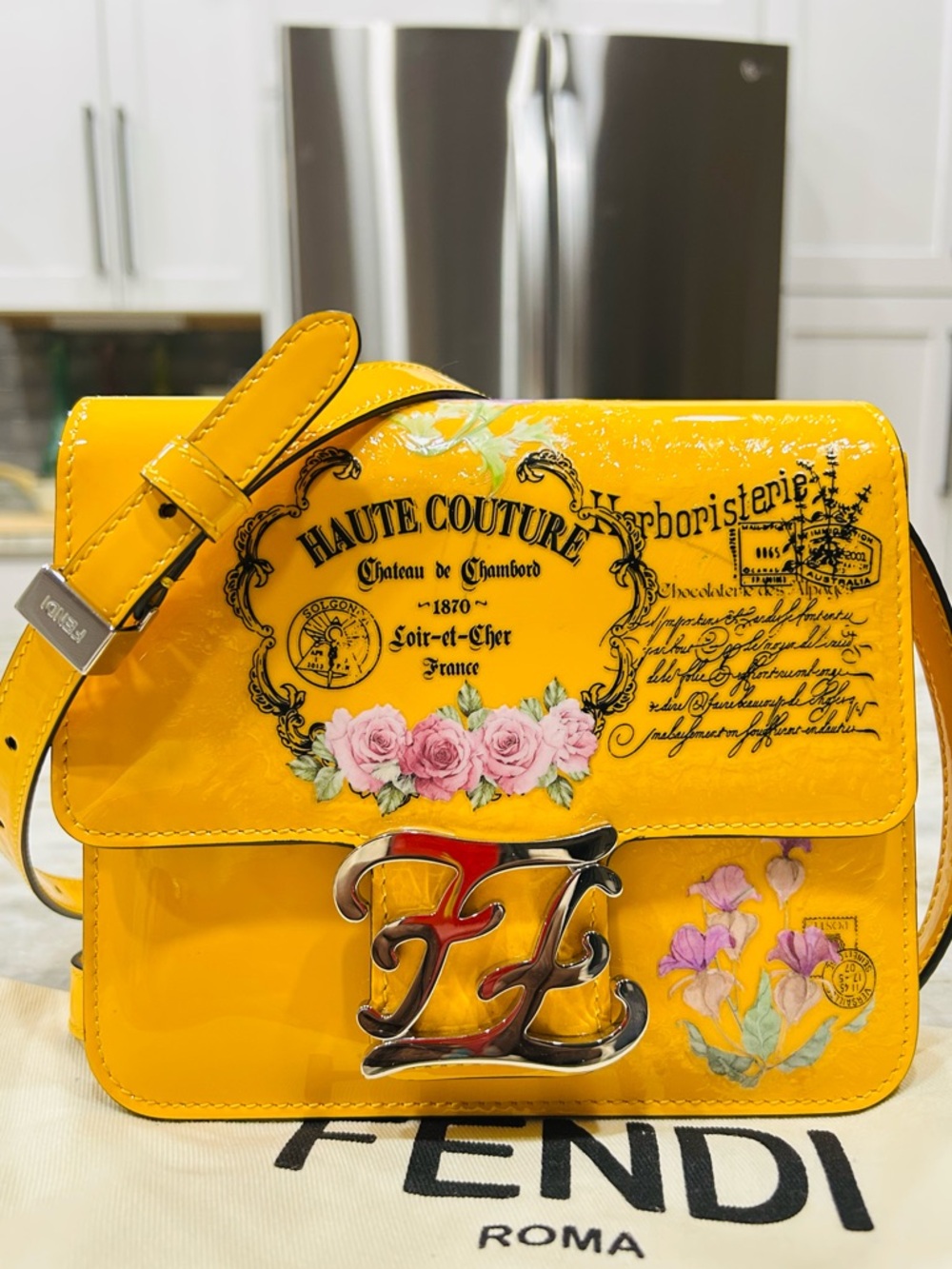 Fendi Authentic Custom Yellow Patent Leather Shoulder Bag with Floral Script